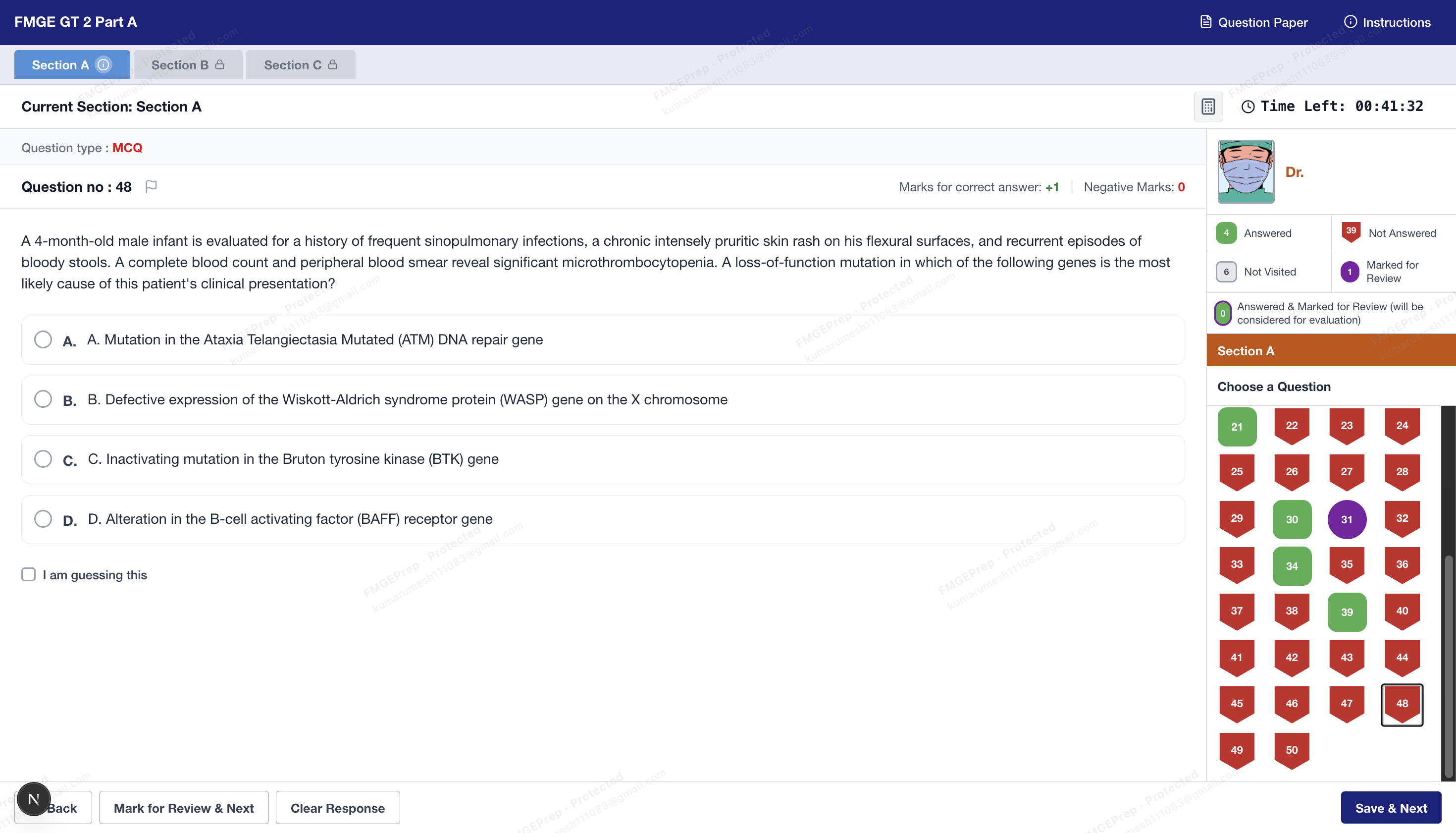 FMGEPrep Grand Test interface showing section-wise timed test matching the real FMGE exam pattern